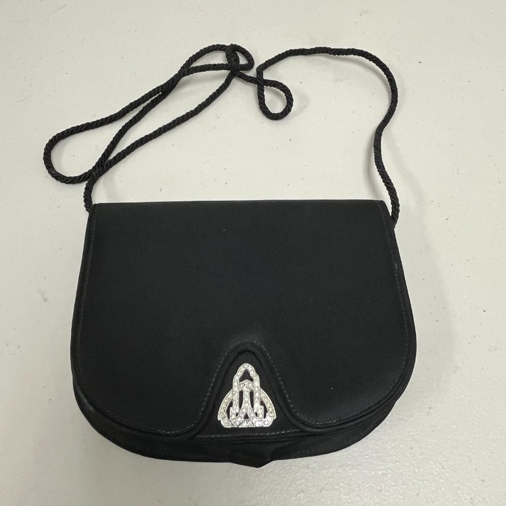 Anne Klein black satin clutch bag strap crystal deco vintage new vintage evening